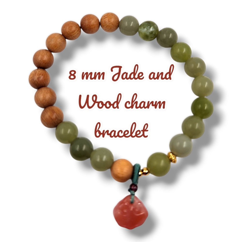8 mm Jade and Wood charm bracelet